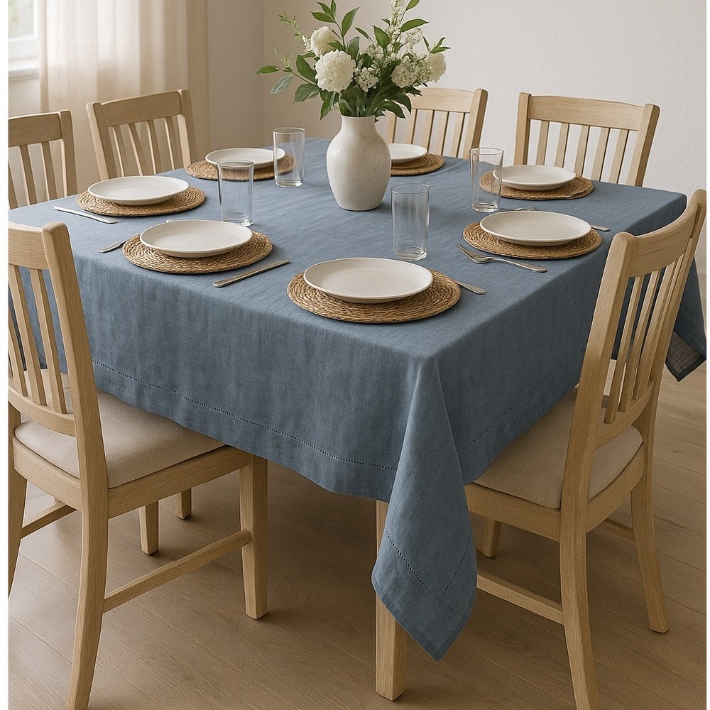 Waterford Linens 100% Linen Tablecloth‎ Blue (68x82)  Hemstitch Border Rectangle